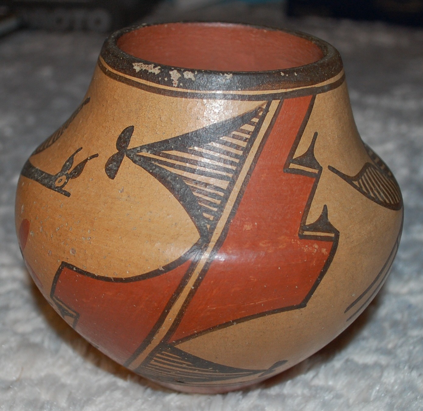 Vintage-1930-40 Zia Pottery Jar Roadrunner, Flower & Geometric designs-E. Medina