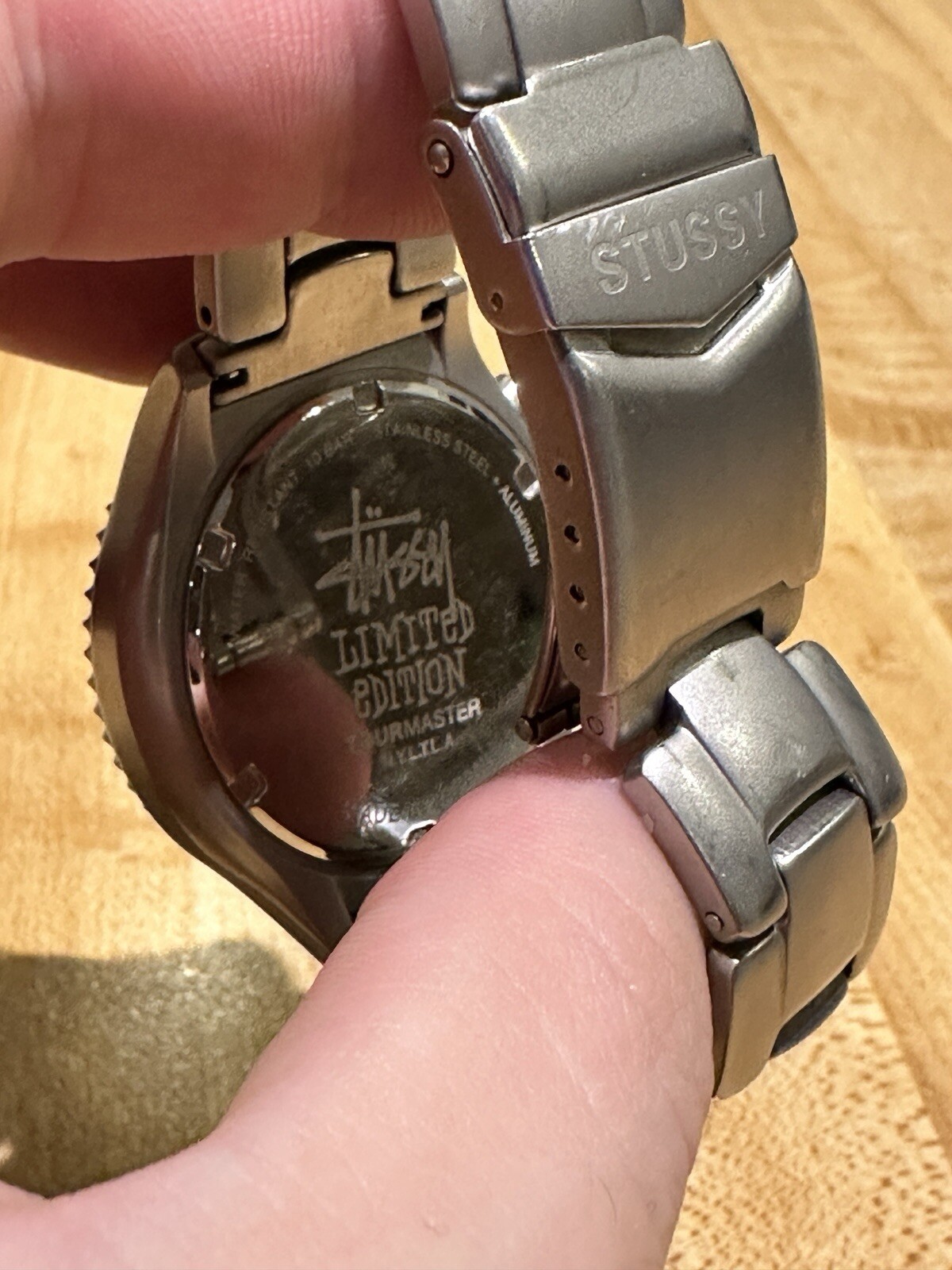 Used STUSSY Tour Master Silver Wrist Watch Metal Band with Case