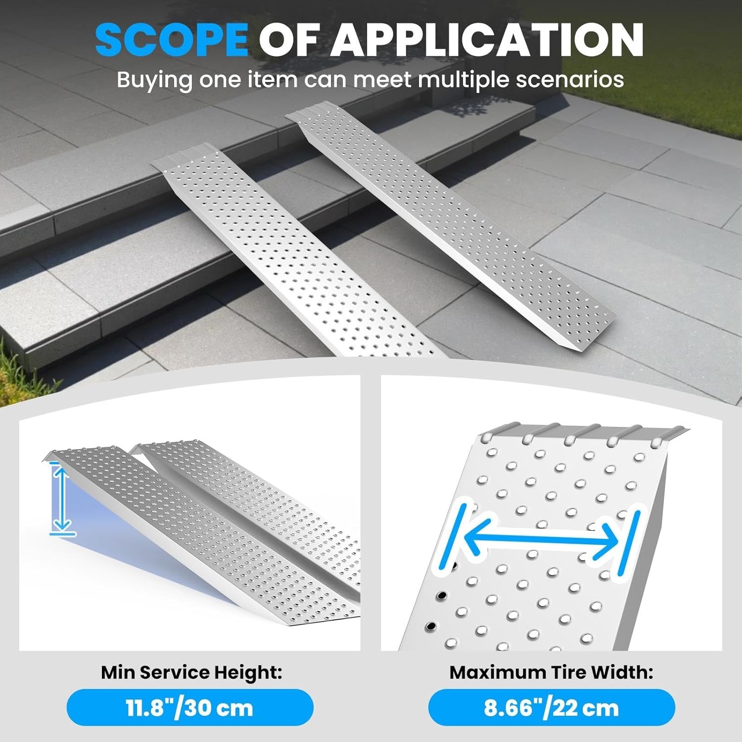 2PCS 9x63inch Aluminum Shed Ramps, Riding Mower Loading Ramps 880lbs Capacity