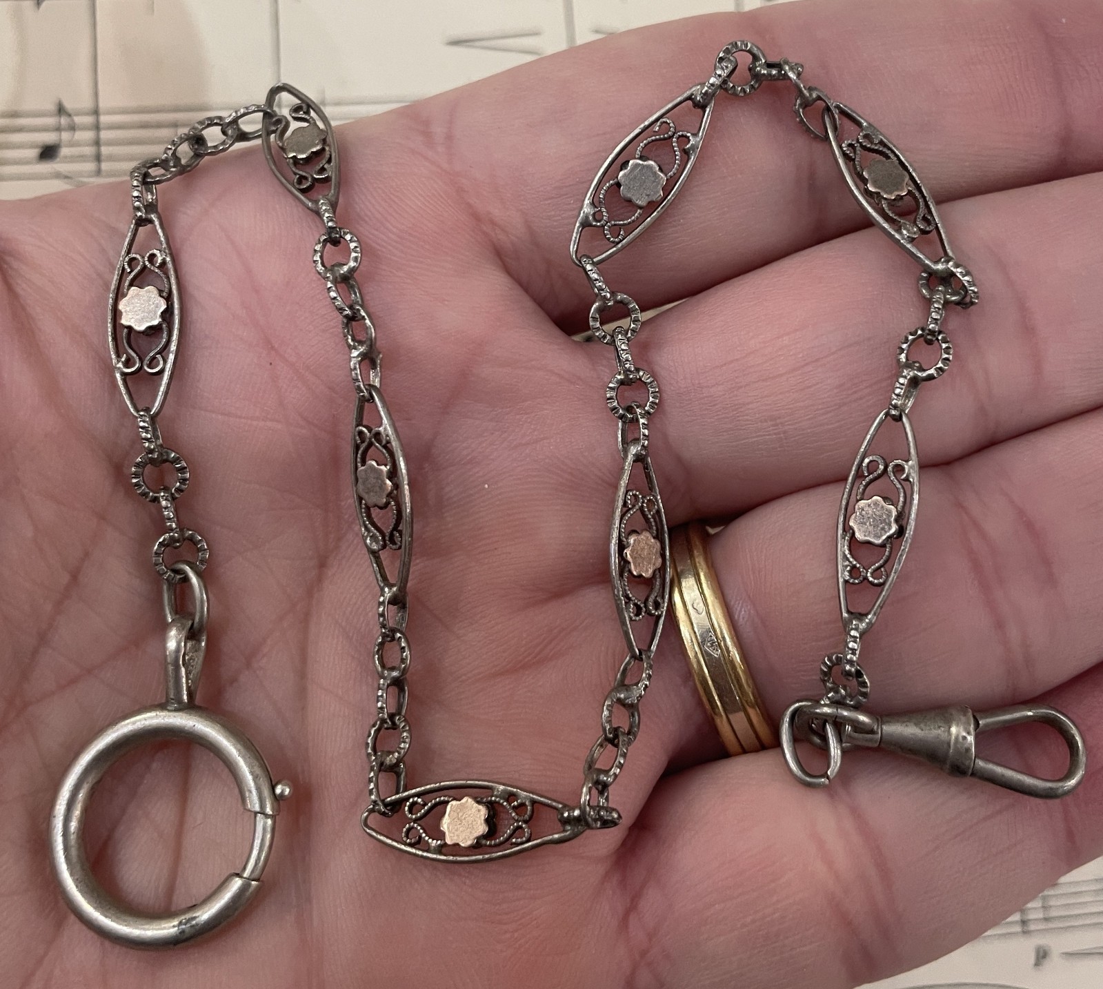 Antique French Sterling Silver Pocket Watch Chain with Gold Plated Dots c1900