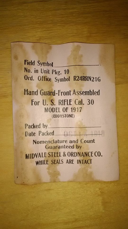 1917 US Enfield Front Hand Guard Half NOS Never Installed (packaged 1918)