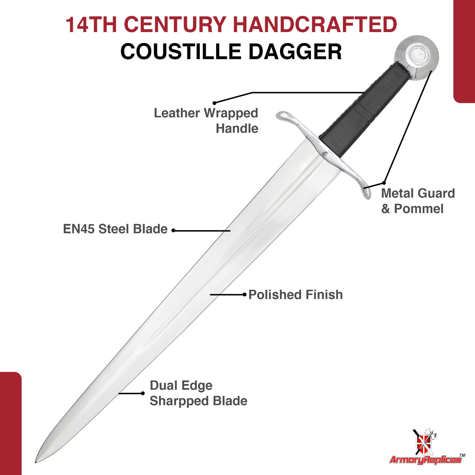 23" Medieval Coustille Dagger EN45 Steel Polished Sharp Blade w/ Scabbard