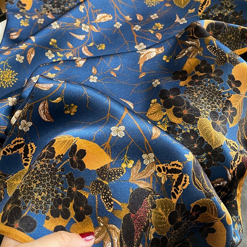 100% Silk Scarf Women Vintage Blue Leaves Kerchief Square Bandana Wrap 68*68cm