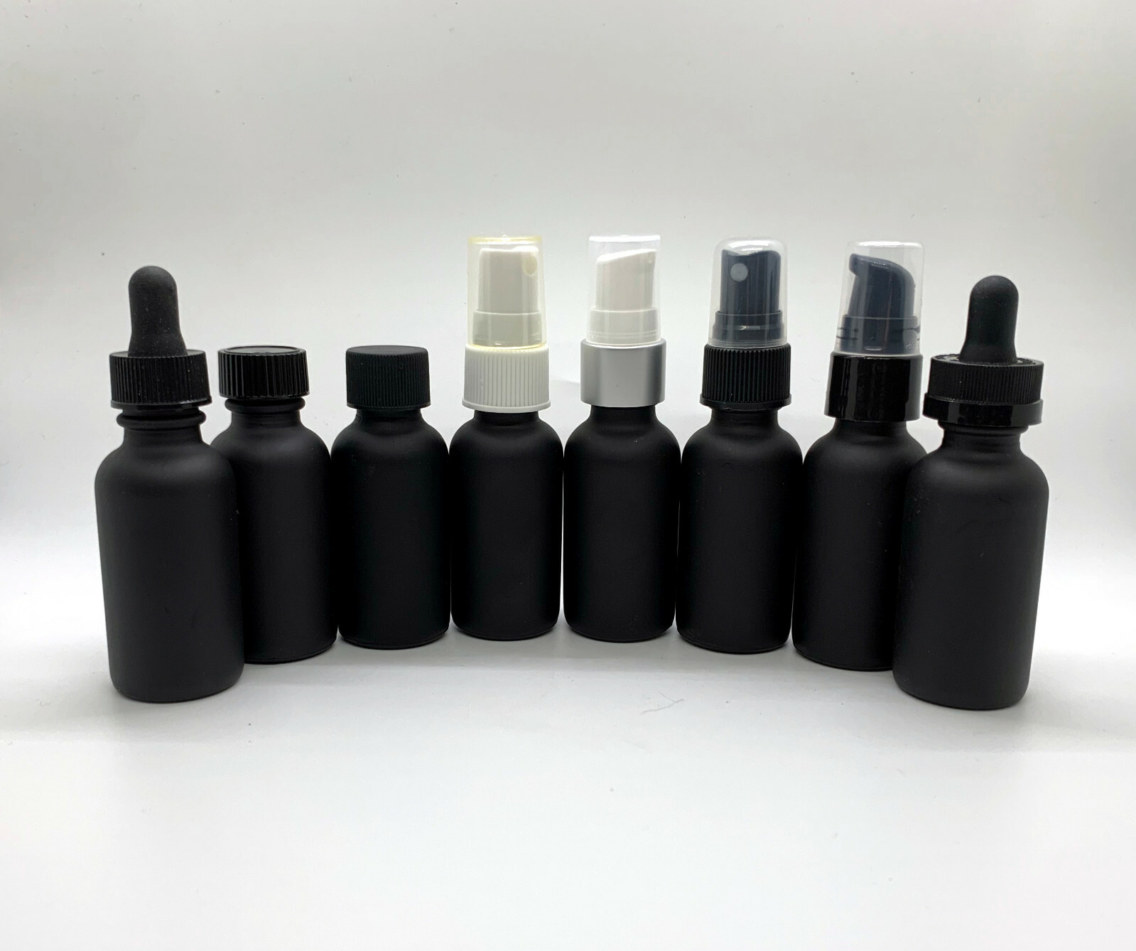 1oz Matte Black Boston Round Glass Bottle w/Dropper,Cap,Sprayer-1,6,12,24 btls