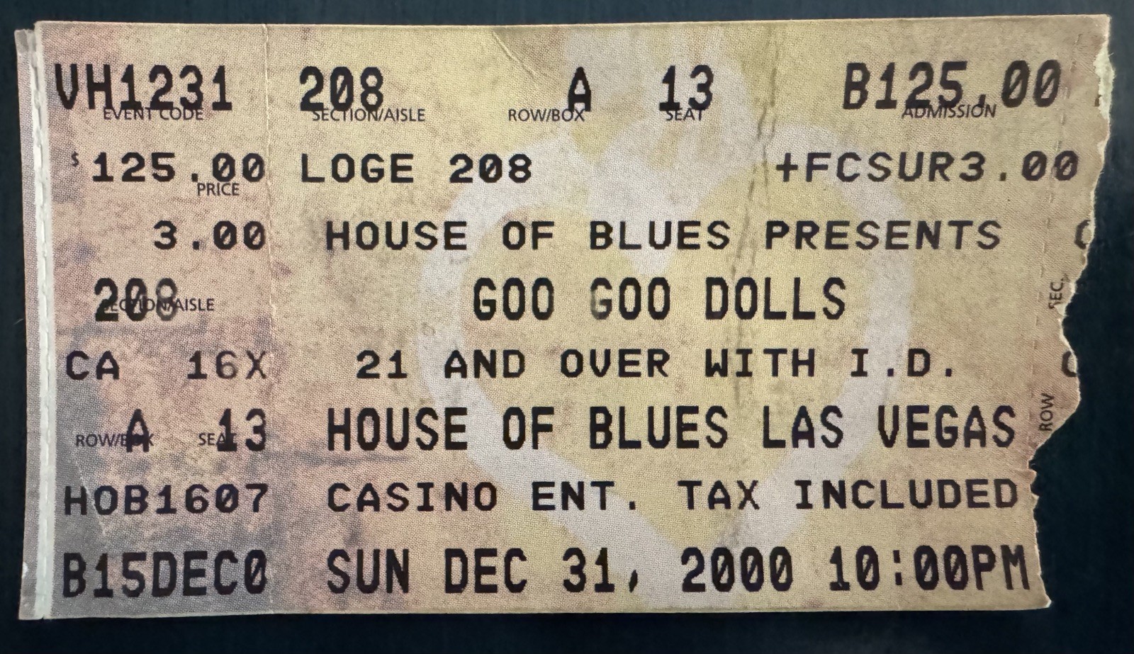 GOO GOO DOLLS Used Concert Ticket Stub HOUSE of BLUES Las Vegas, NV NYE 2000