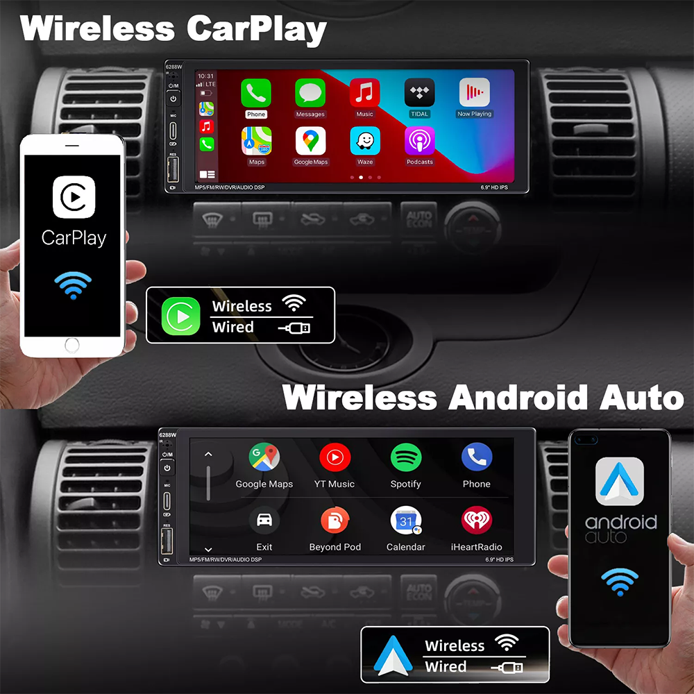 Single Din Car Stereo Wireless Apple Carplay 6.9 Touchscreen Bluetooth Radio Usb