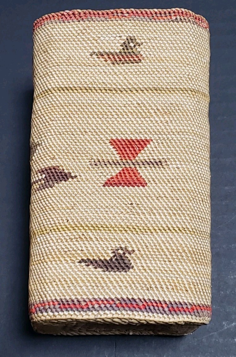 Vtg PNW Makah Native American Square Basket Animal Motif Whale Bird 3x5.5"