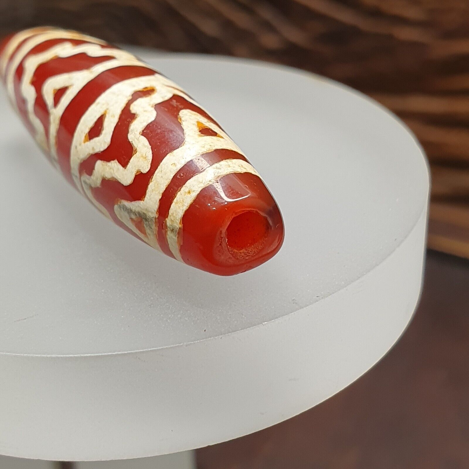 Antique Tibetan Nepalese RED Etched Agate Bead Decorated Carnelian Beads ETC-2