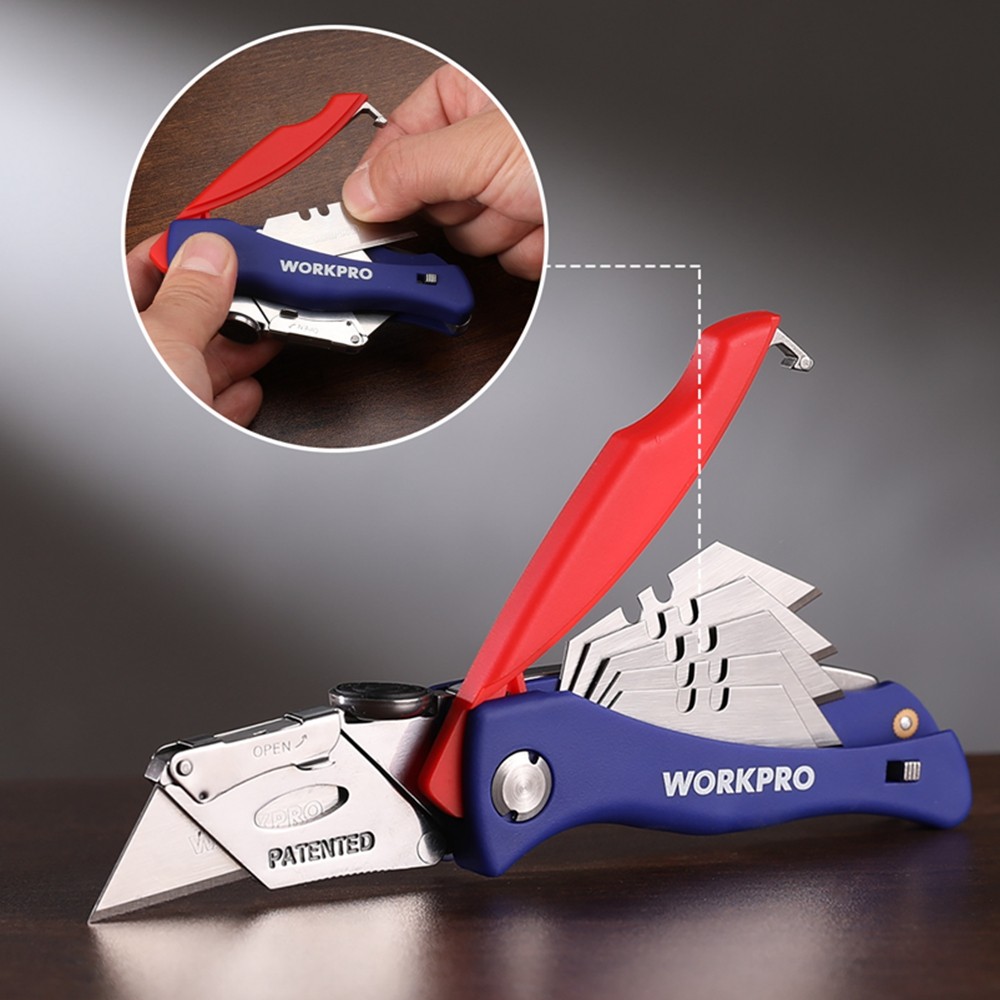WORKPRO Folding Utility Knife Quick-Change Box Cutter 5PCS Extra Blade in Handle