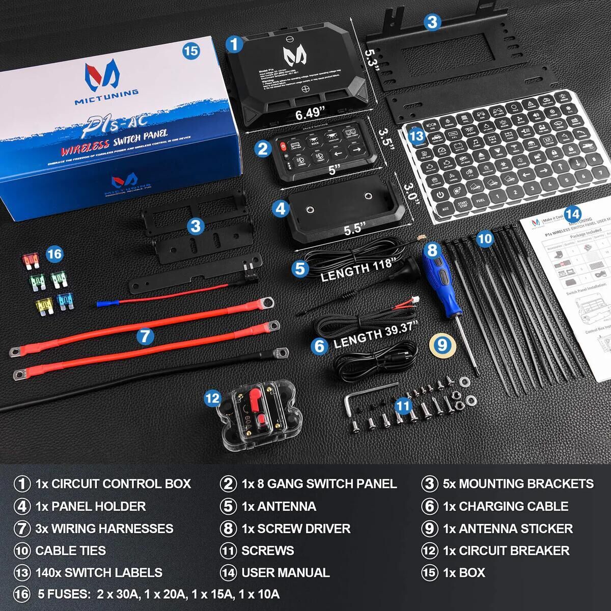 MICTUNING P1s 8Gang Switch Panel,Wireless Cordless,Auxiliary Circuit Control Box