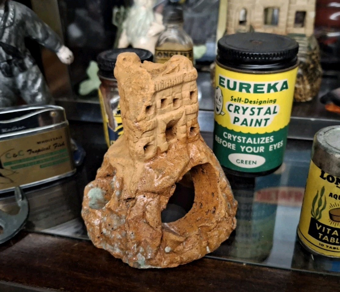 Vintage Old Antique Aquarium Early American 1940s Ceramic Clay Castle on a Hill