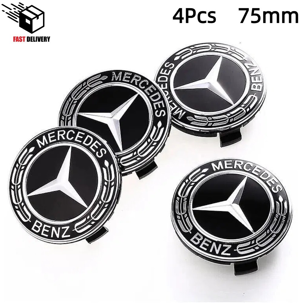 4PCS For Mercedes Benz Wheel Rims Center Hub Caps Wreath AMG 75mm Black Classic