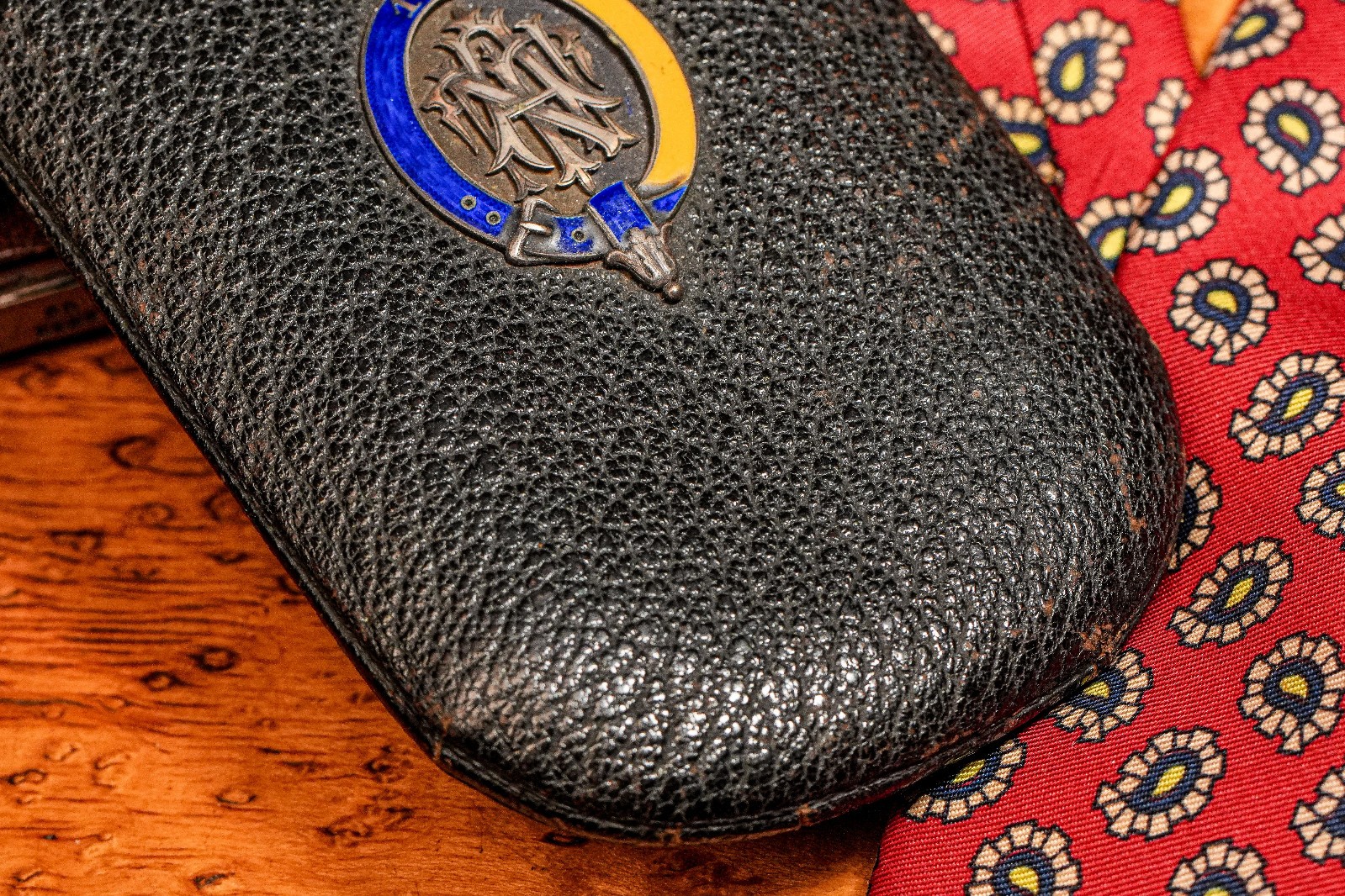 Austrian Antique Victorian Leather Cigar Case Silver Enamel Armorial Tobacciana