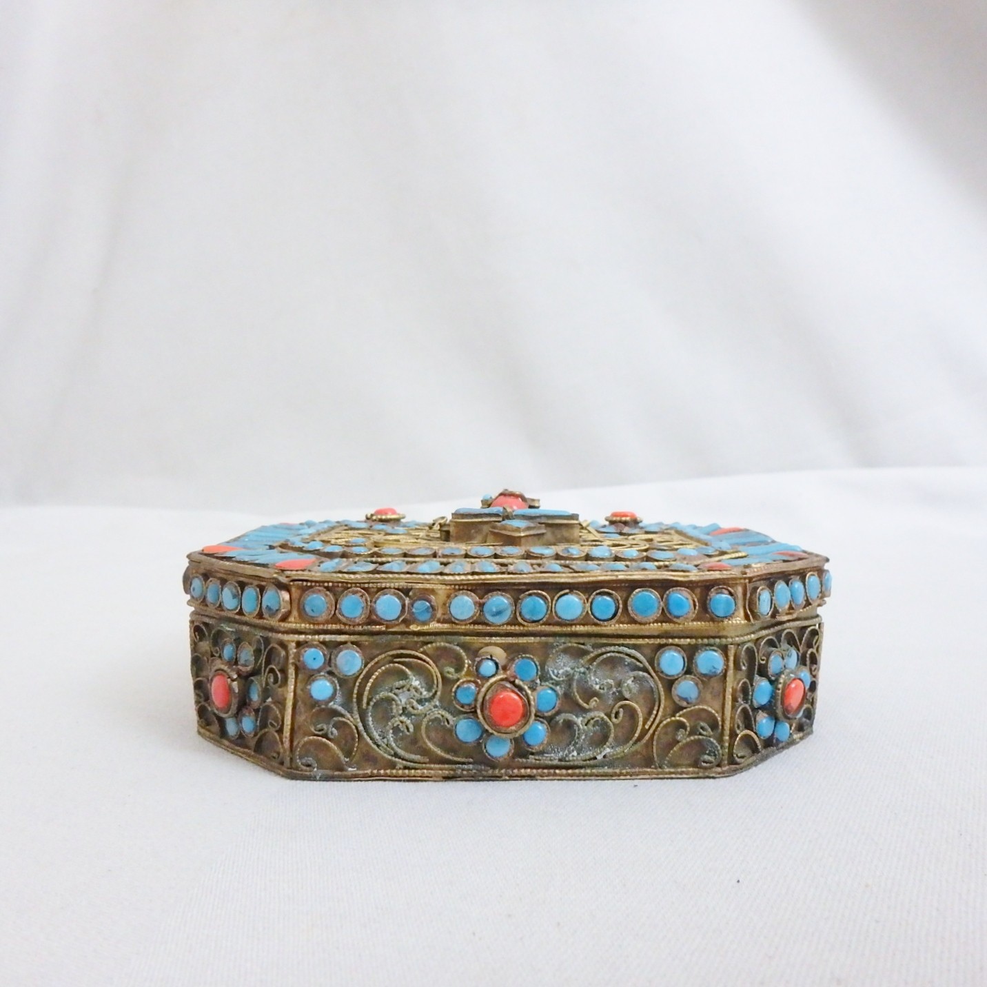 Antique Tibetan Gau, Prayer Box; Brass, Turquoise, Coral