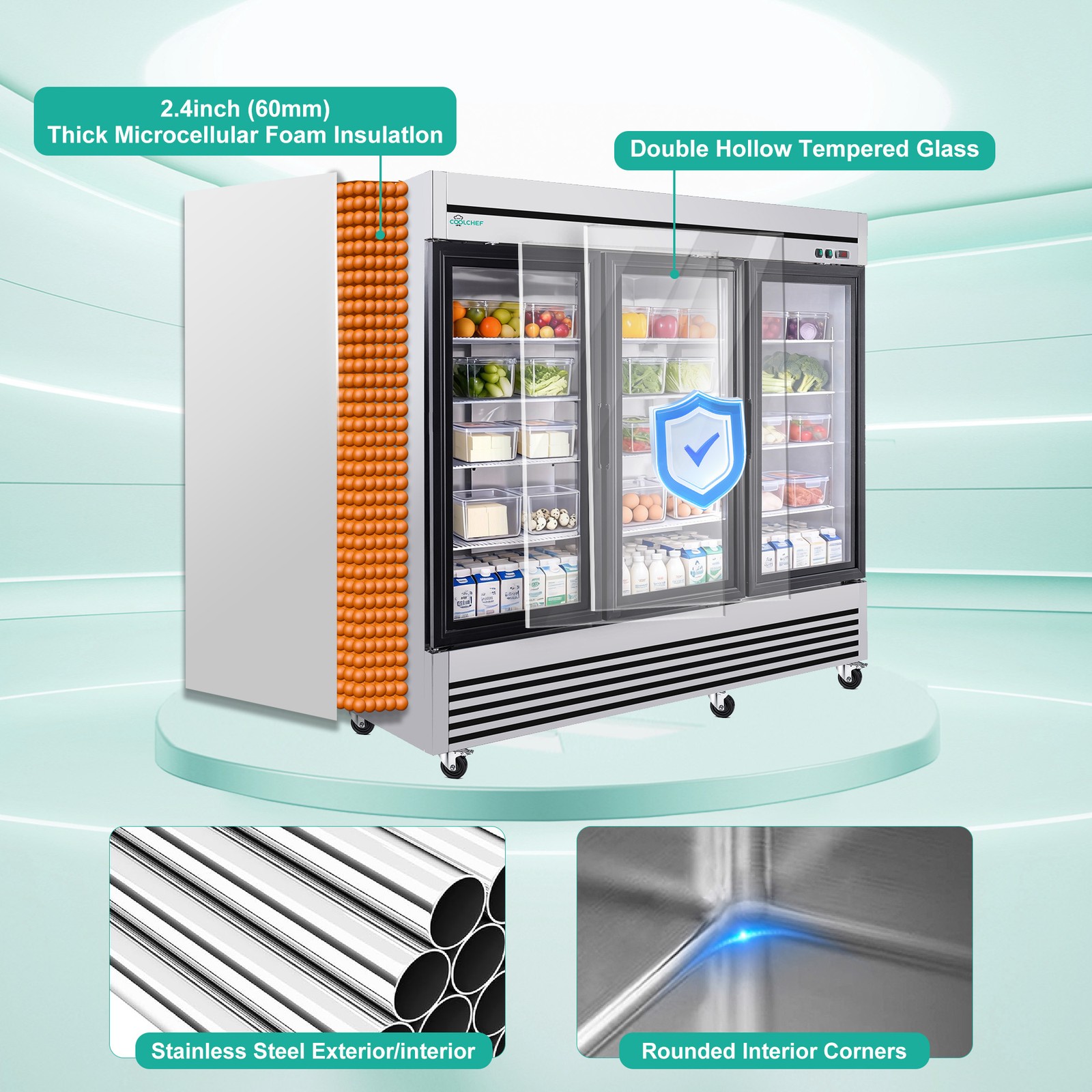 72 Cu. Ft Commercial Glass Door Refrigerator Triple-Door Merchandiser Cooler