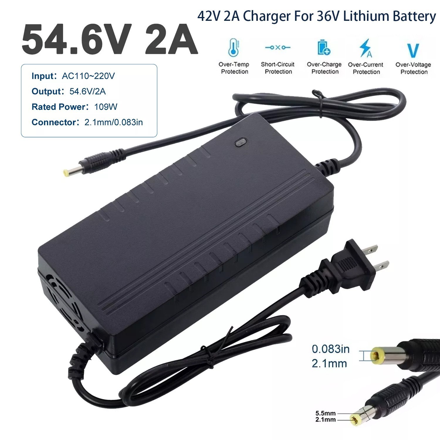 54.6V 2A Adapter Charger 48V Lithium Battery with 5.5mm*2.1mm DC Plug Port 108W