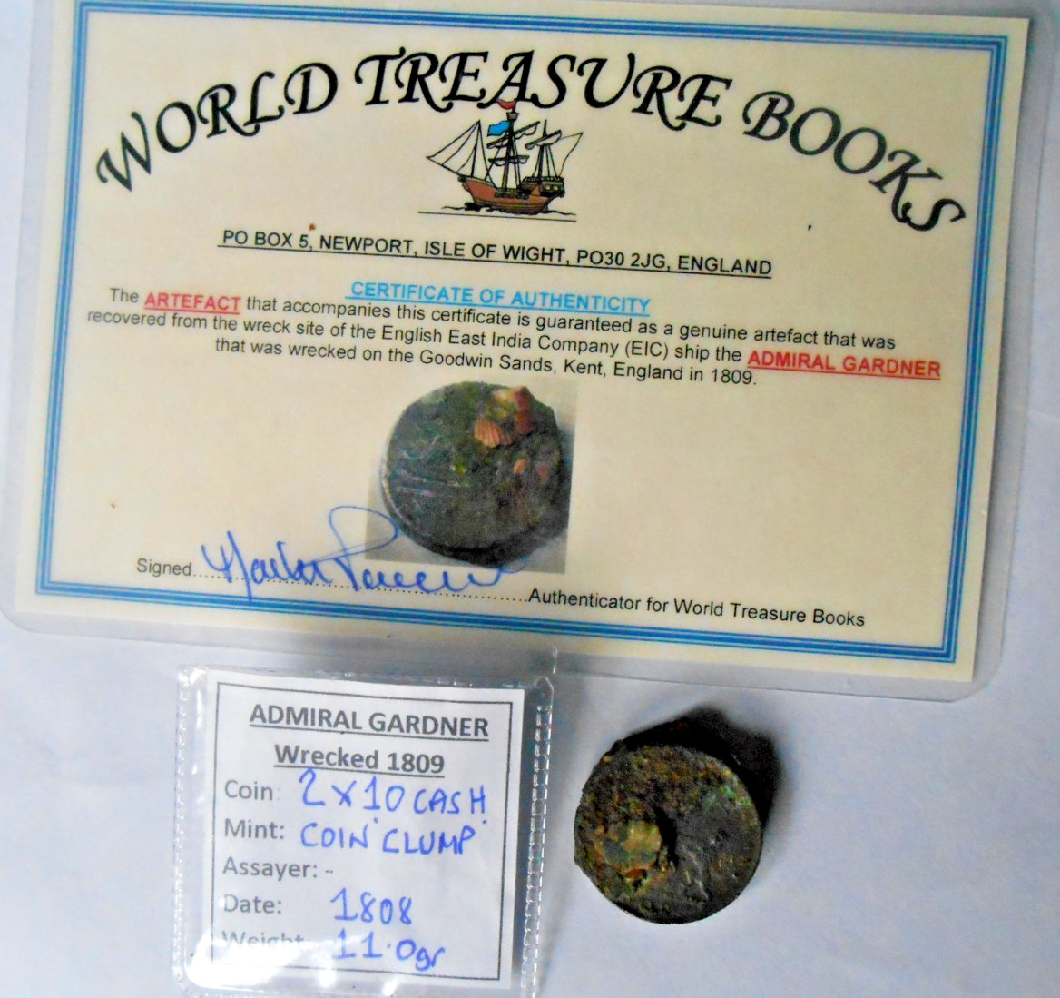TREASURE copper 2 COIN CLUMP shipwreck 1808 EAST INDIA Co wreck 10 cash GARDNER