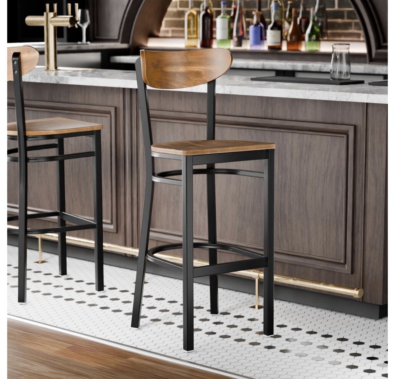 Lancaster Boomerang Bar Stool Black Finish Vintage Wood Seat & Back