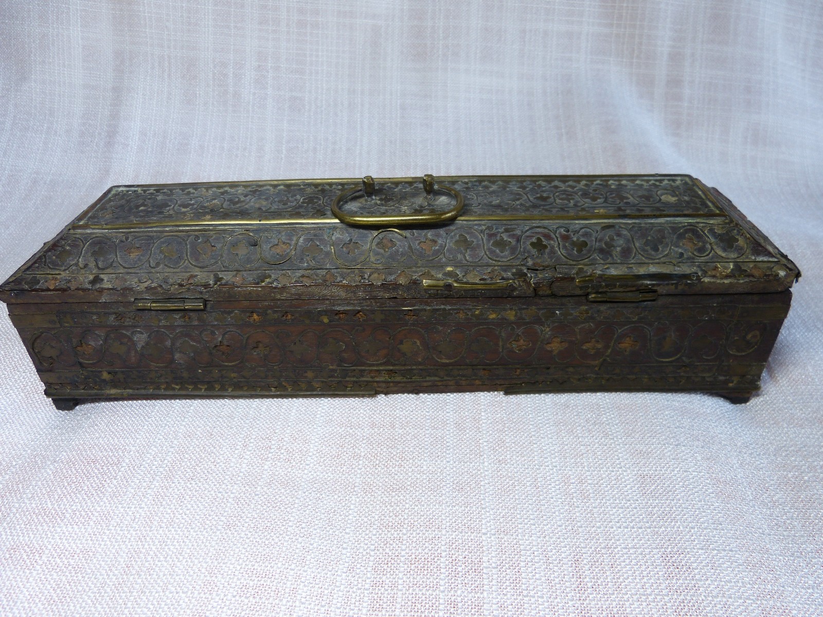 Antique 19th Century 19th Century Brass Inlay Wooden Glove Box Set