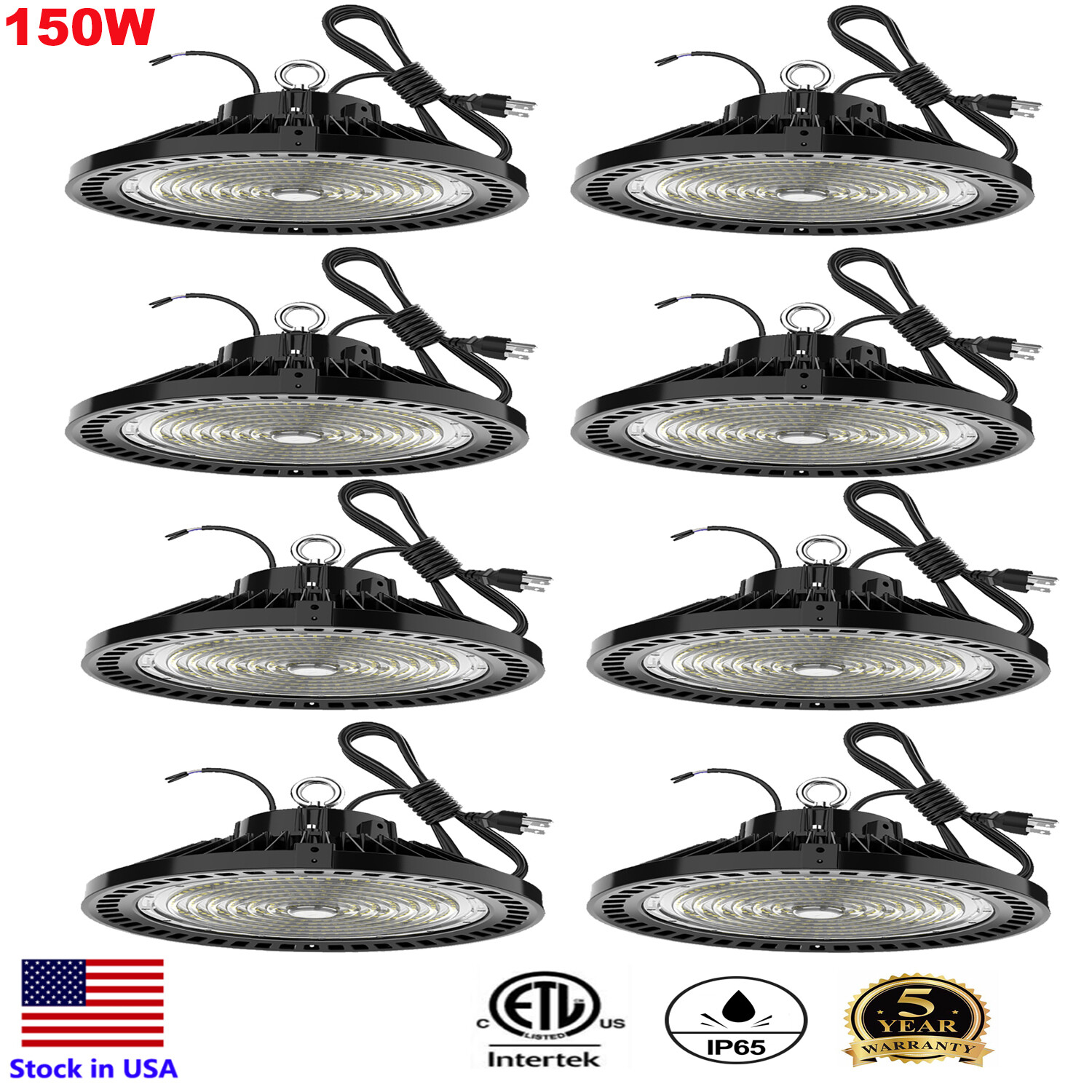 8Pack ETL UFO LED High Bay Light 150W 5000K Dimmable IP65 for Warehouse Gym Shop