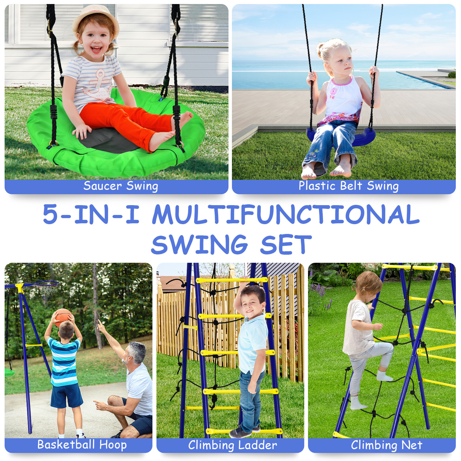 5-In-1 Outdoor Kids Swing Set W/ Heavy Duty Swing Frame & Ground Stakes Backyard