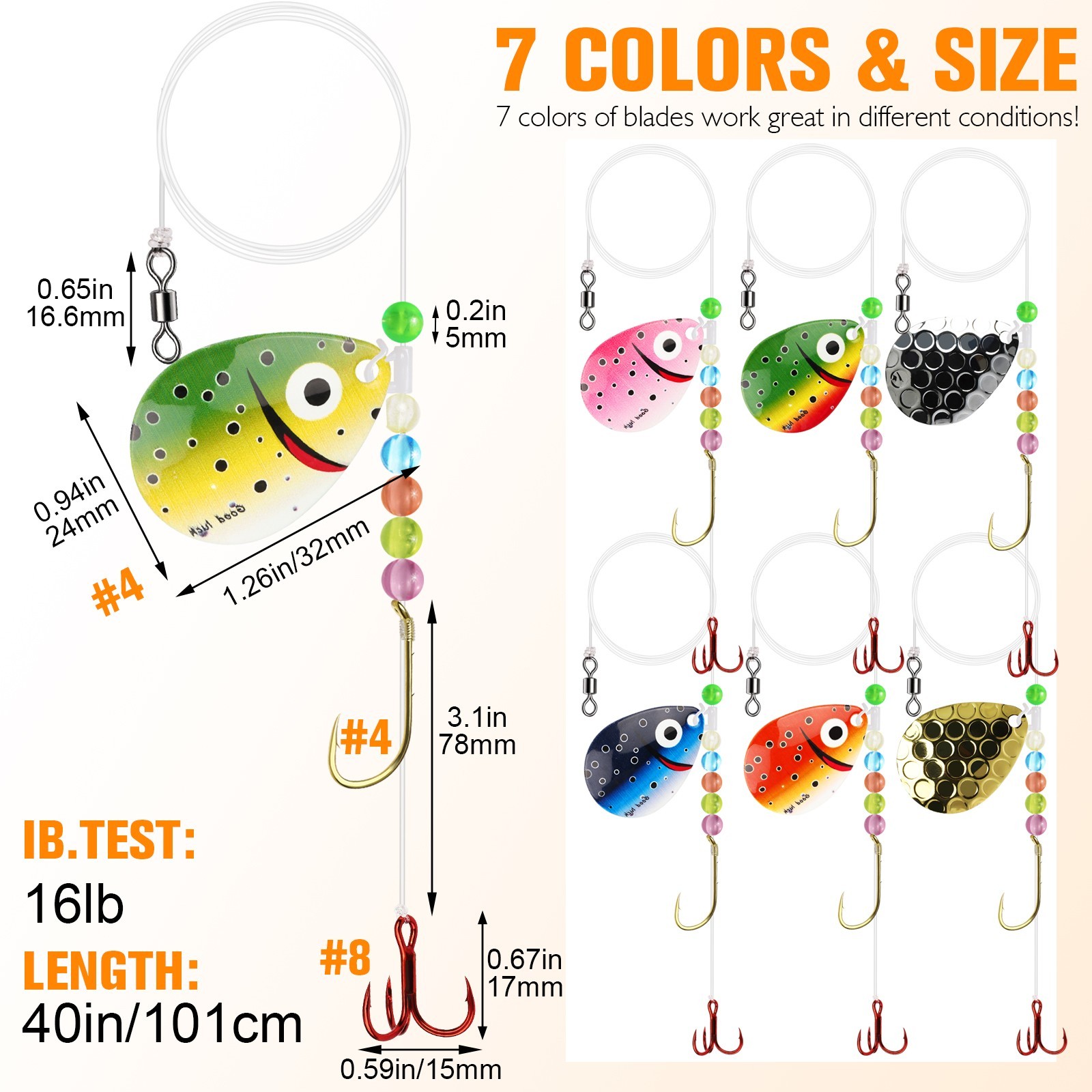 Walleye Rig with #4 Baitholder #8 Treble Hook, Spinner Rig Crawler Harness 7PCS