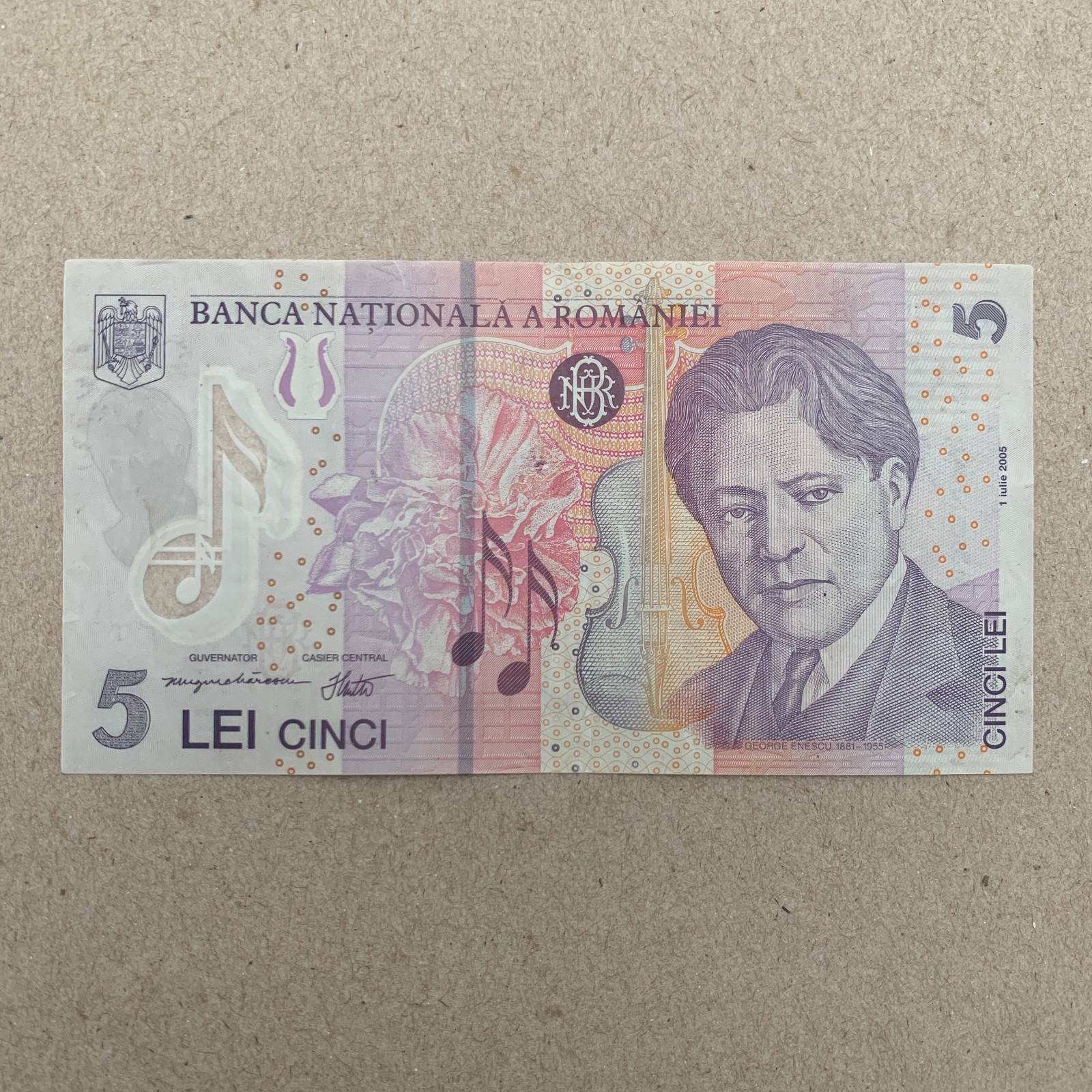 Romania 5 Lei Banknote 2005 - Polymer Enescu Flowers Romanian Currency