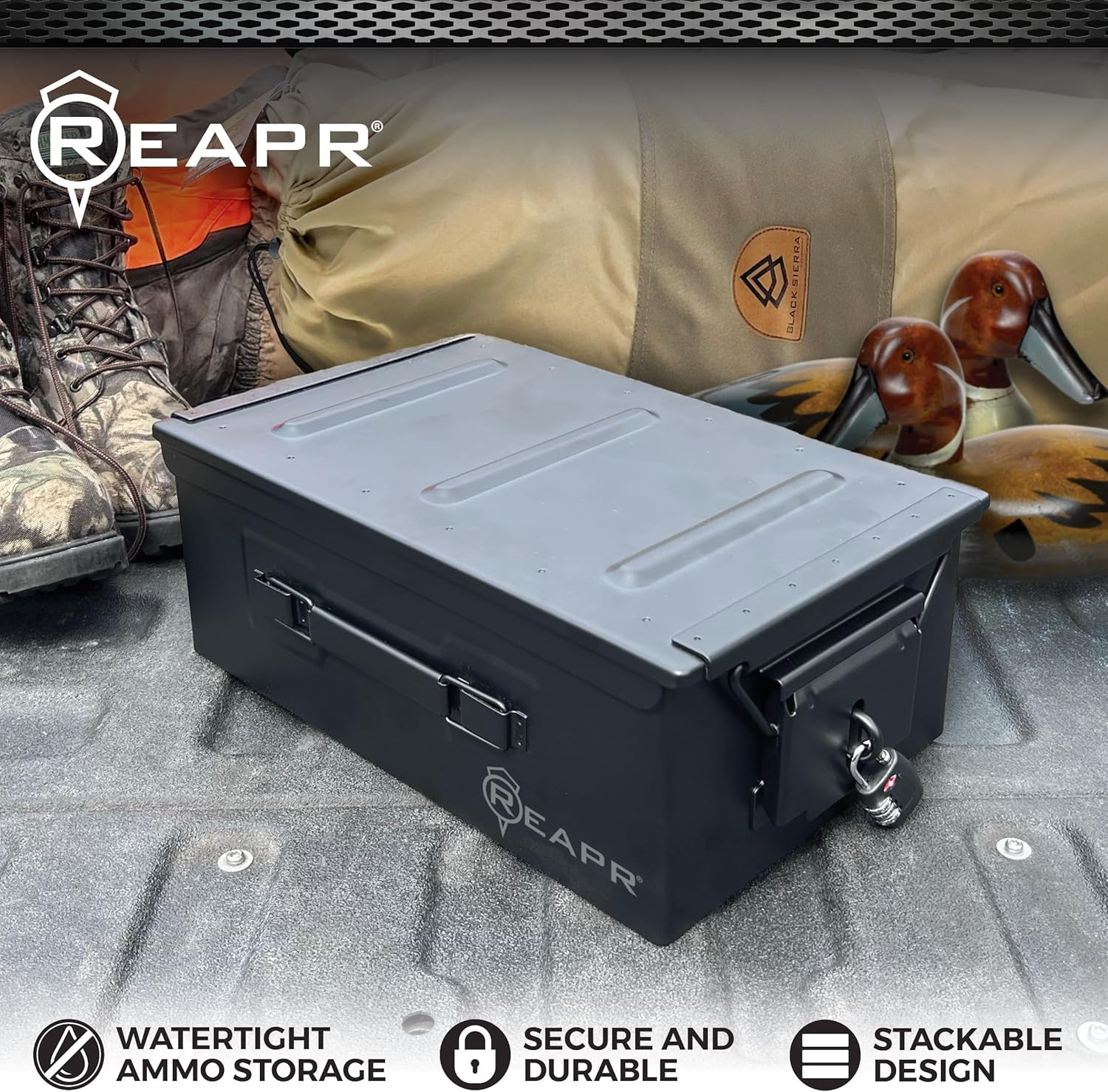 Reapr Steel Ammo Can, Heavy Duty Locking Metal Ammo Storage Box, Airtight and Wa