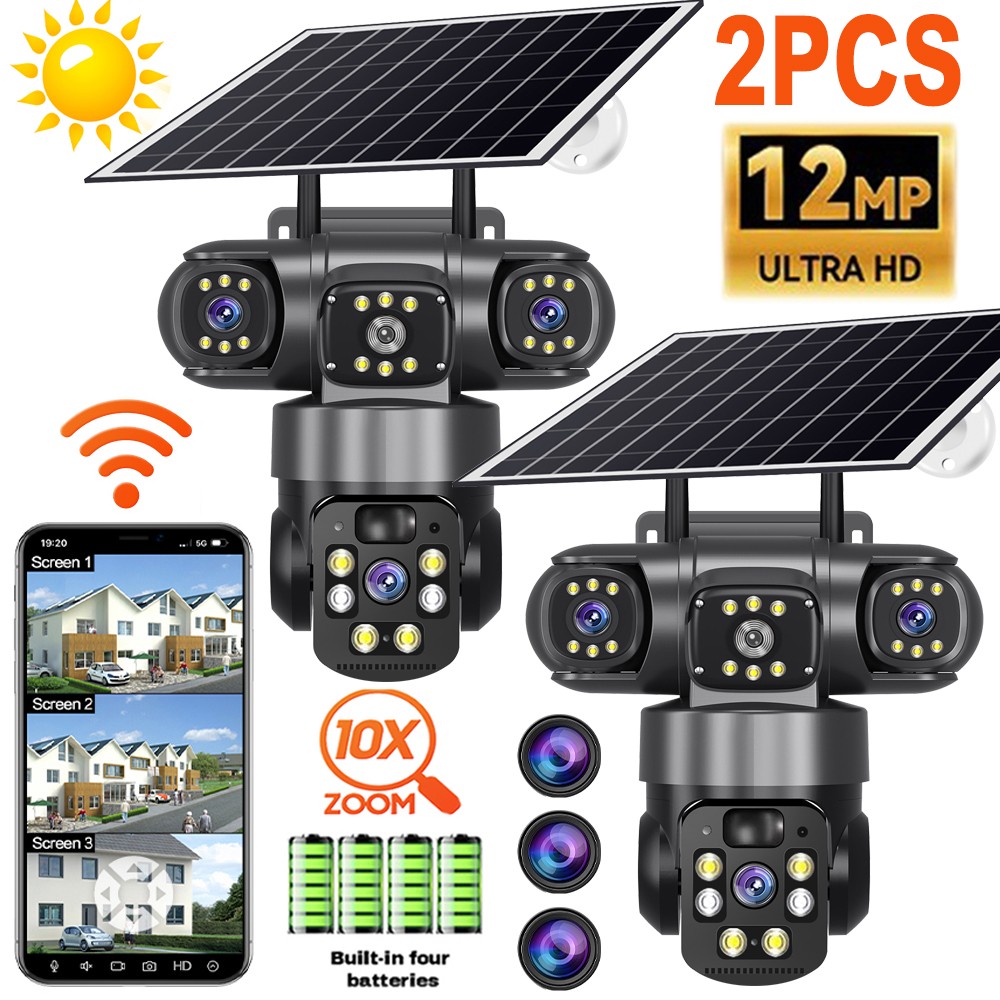 3 Lens 12MP Solar Battery Home Security Camera Outdoor Wifi Wireless PTZ CCTV US