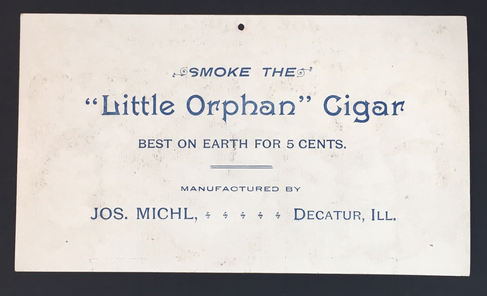 Joe Michl's Decatur IL Smoke Fifty Little Orphan Cigar advertisement Card