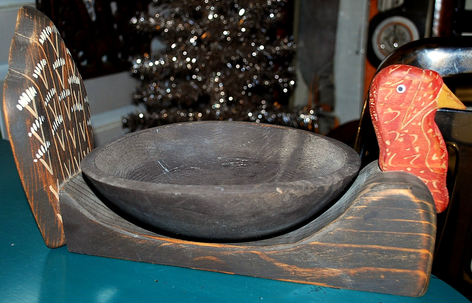 Vtg Hand Carved WOODEN TURKEY BOWL Painted FOLK ART Thanksgiving Centerpiece 14"