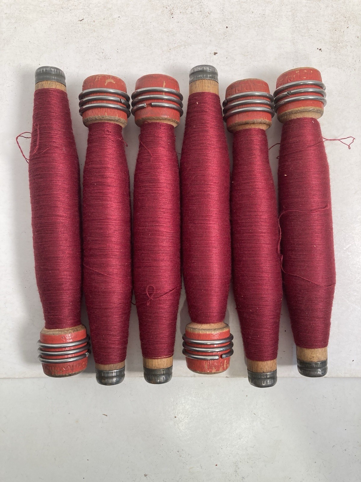 Wrapped Wood Quills, RED, Bobbins, Spools, Threaded, Textile, lot of 6