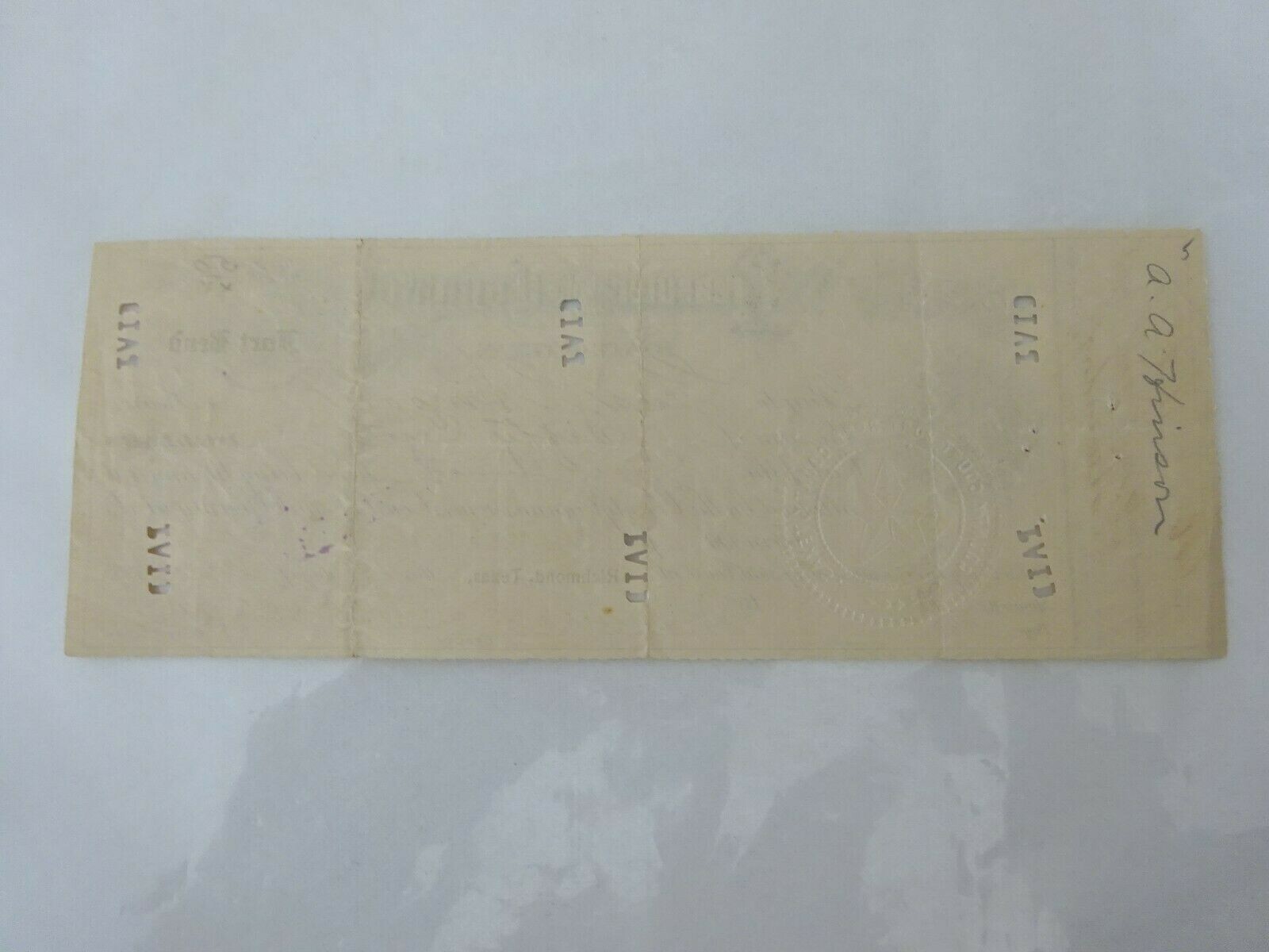 1908 County of Fort Bend, Texas Check Lone Star Seal