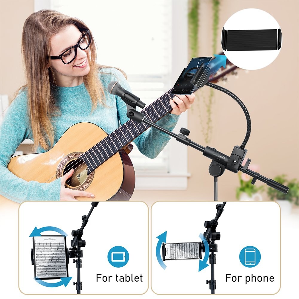 GUITTO Microphone Floor Stand with Phone/Tablet Holder Adjustable Boom Mic Stand
