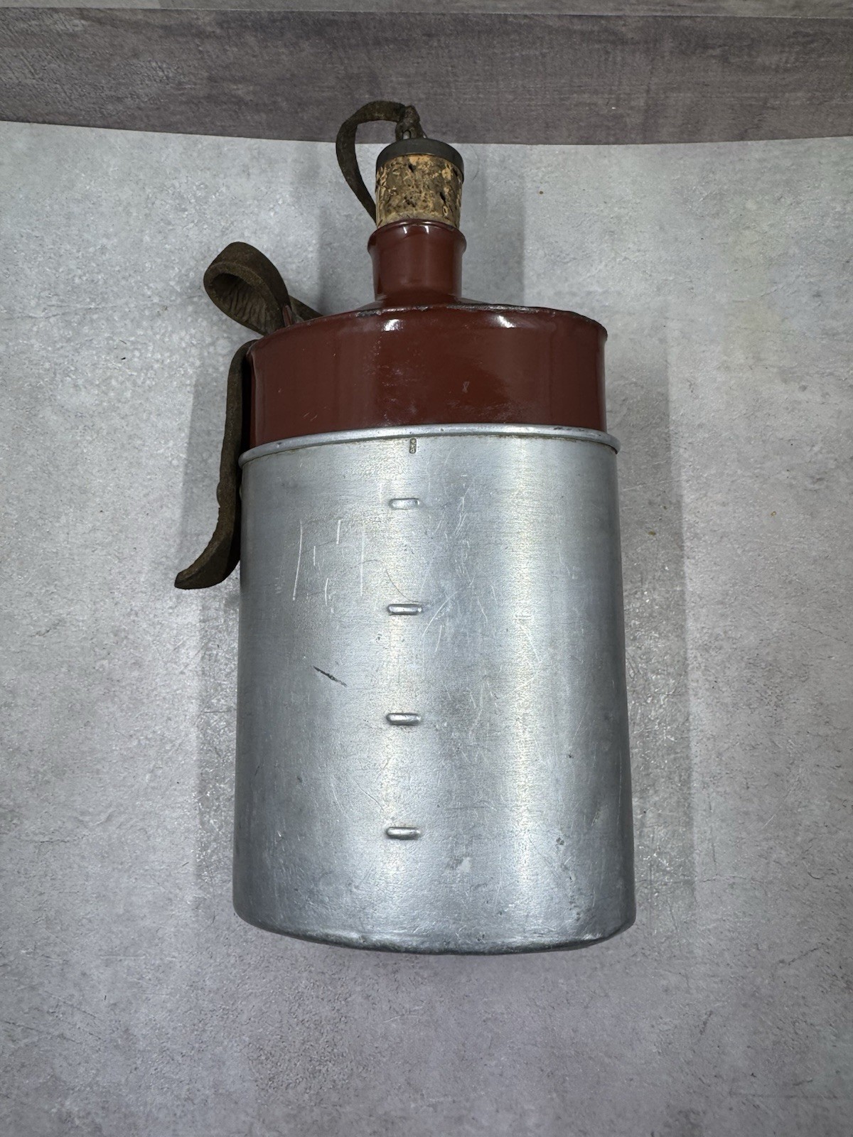 Vintage Swiss Army Canteen Enamel Water Bottle w/ Cork & Leather Strap 8.5”