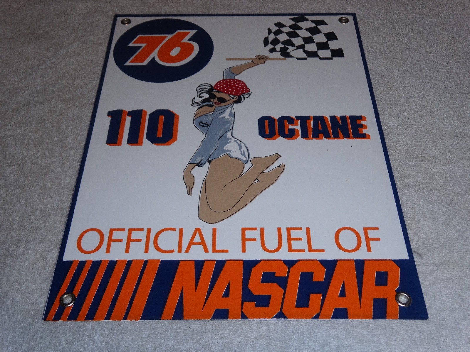 VINTAGE UNION 76 GASOLINE WOMAN +RACING FLAG 12" PORCELAIN METAL NASCAR OIL SIGN