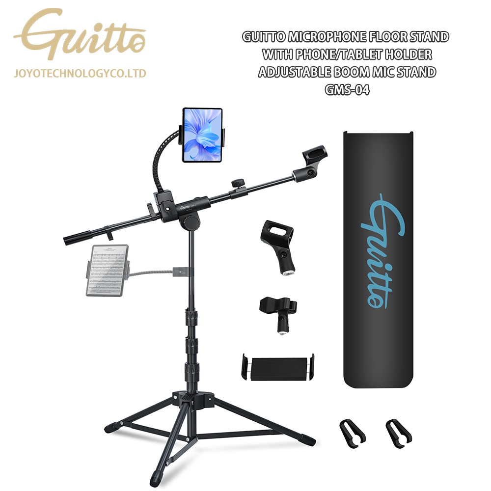 GUITTO Microphone Floor Stand with Phone/Tablet Holder Adjustable Boom Mic Stand