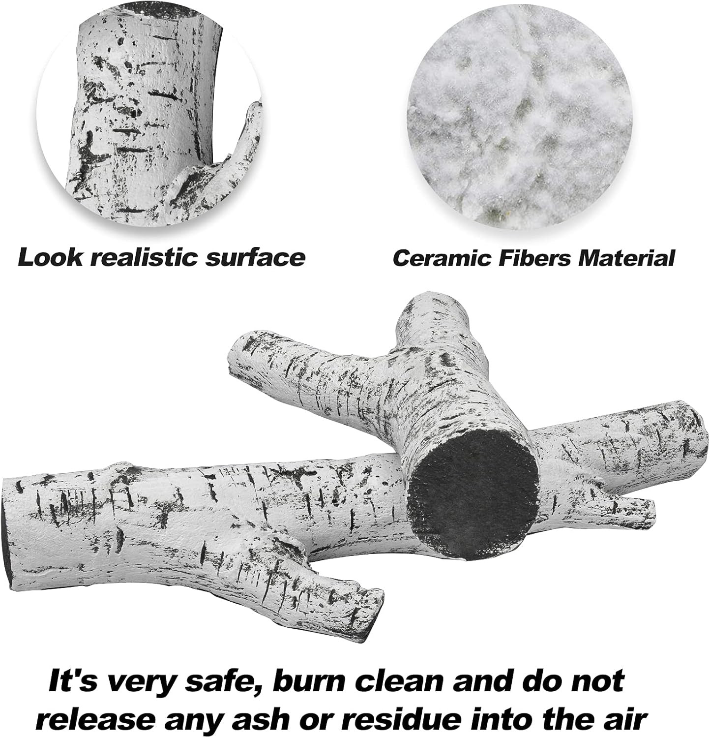4 Piece Set of Ceramic White Birch Wood Gas Log for All Types of Ventless, Gel,