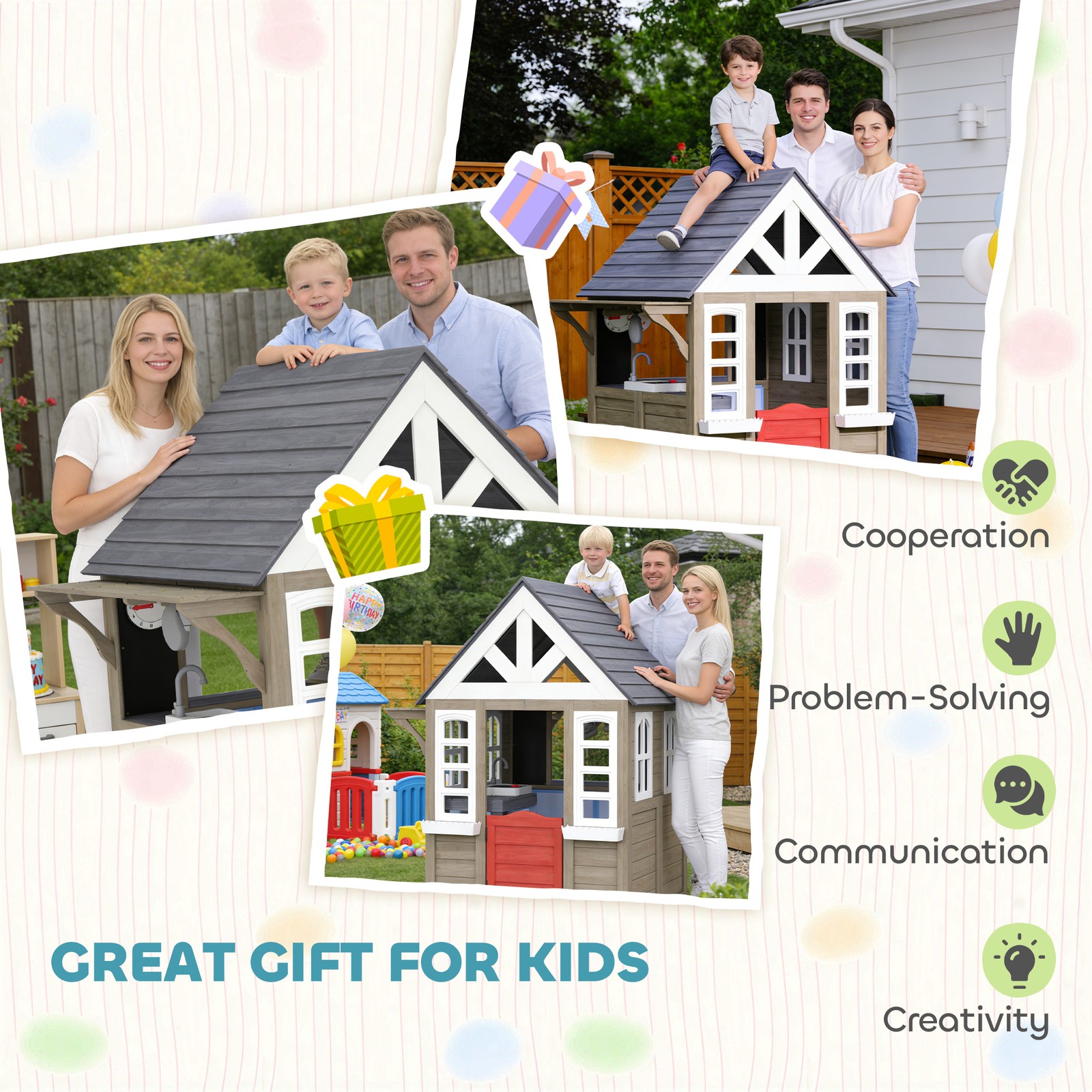 Qaba Outdoor Playhouse with Dog Door, Flower Box, Cookware for Backyard