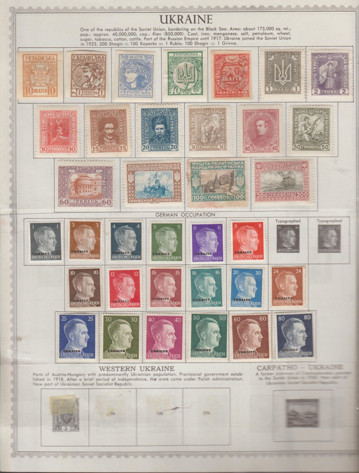 Ukraine 35 stamps on album page, 1919 to 1945