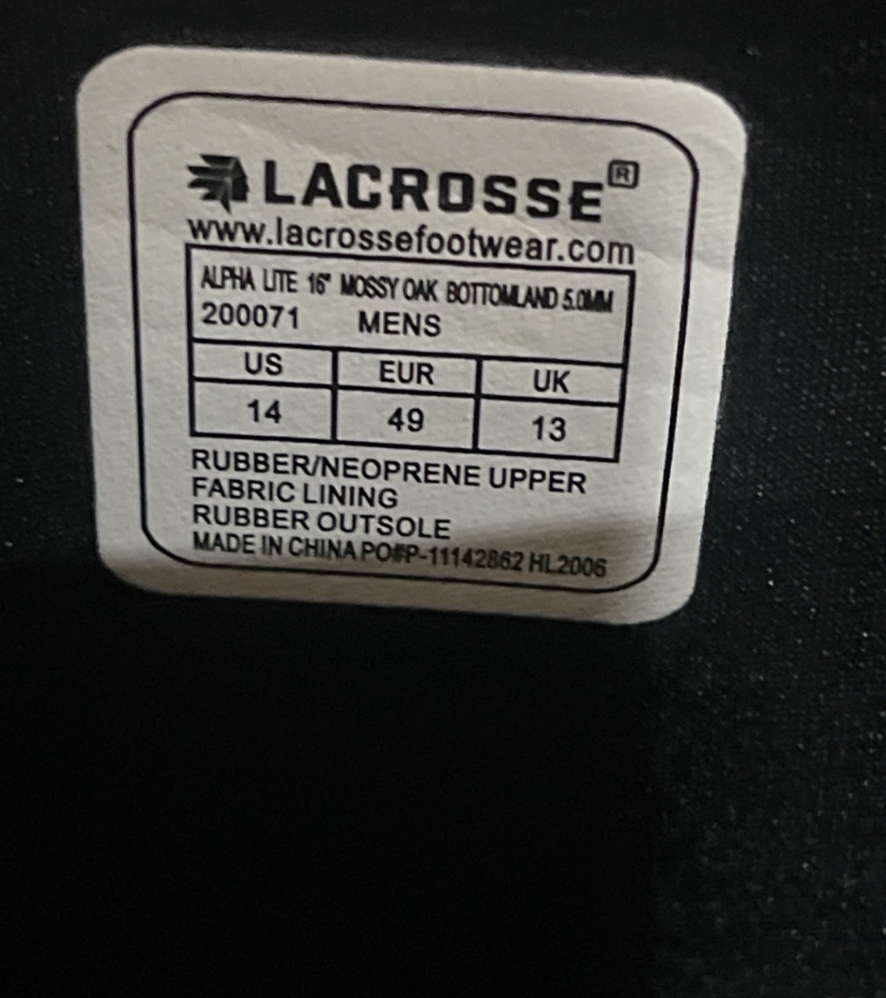 Men’s LaCrosse AlphaLite 16” MossyOak Bottomland 5mm Hunting Boots 14 Waterproof