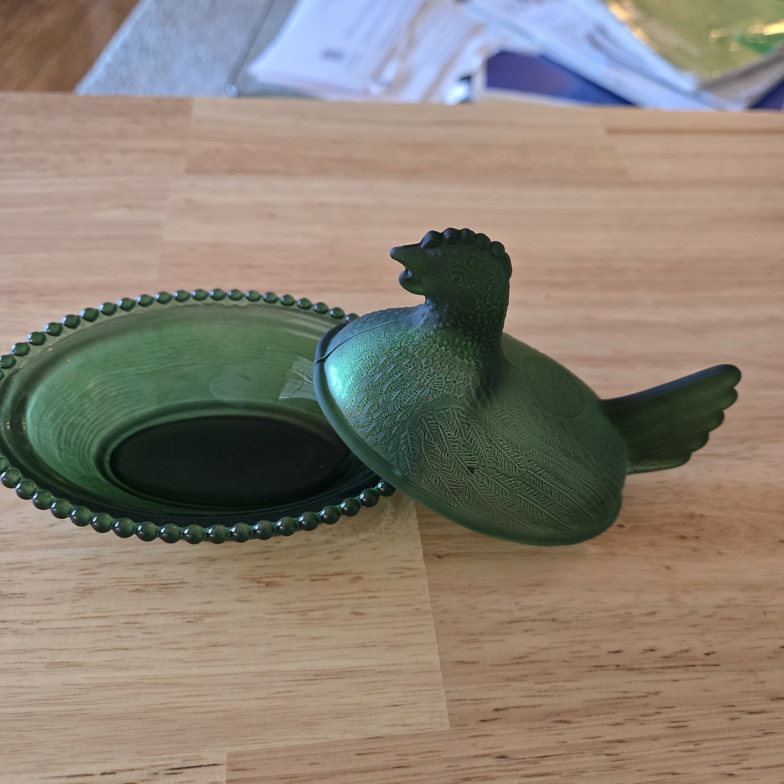 Dark Green Satin Hen on a Nest Measures 5.5 Inches Long