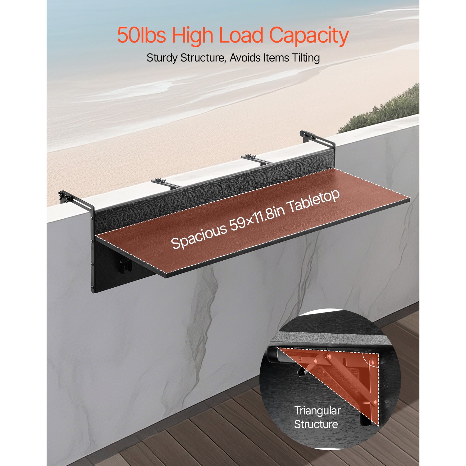 Balcony Hanging Table 12 x 59 in Outdoor Patio Railing Bar Table Foldable