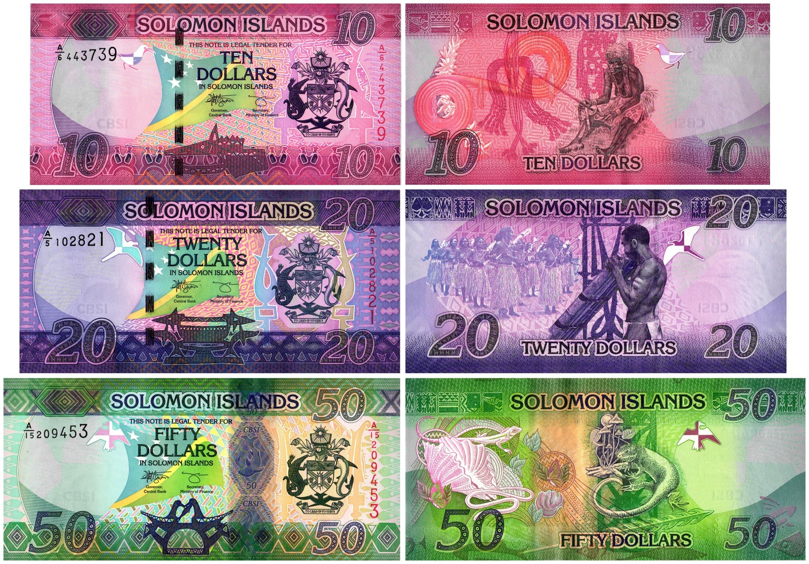 Solomon Islands 10-50 Dollars 3 Pieces Set, 2013-2023 ND, P-33a.2-35a.3, UNC