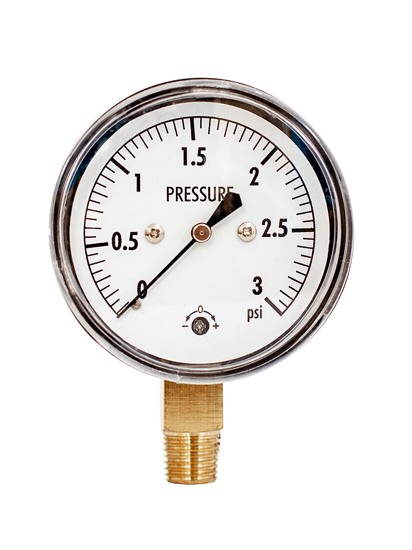 Low Capsule Pressure Gauge, 0-3 PSI,2-1/2" Face Dial, 1/4" NPT Lower Mount