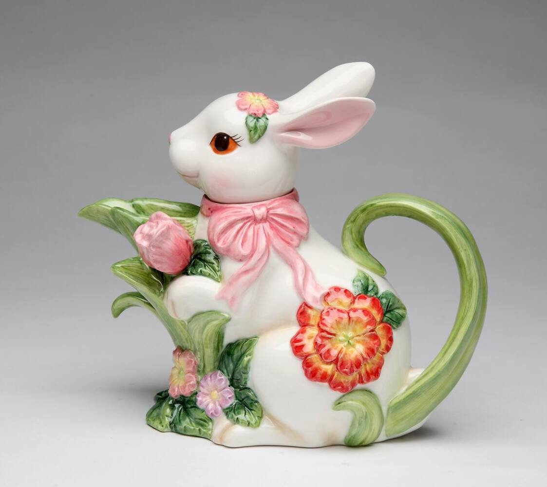 Ceramic Easter Bunny Rabbit with Flowers Teapot, Gift for Her, Gift for Mom, Tea