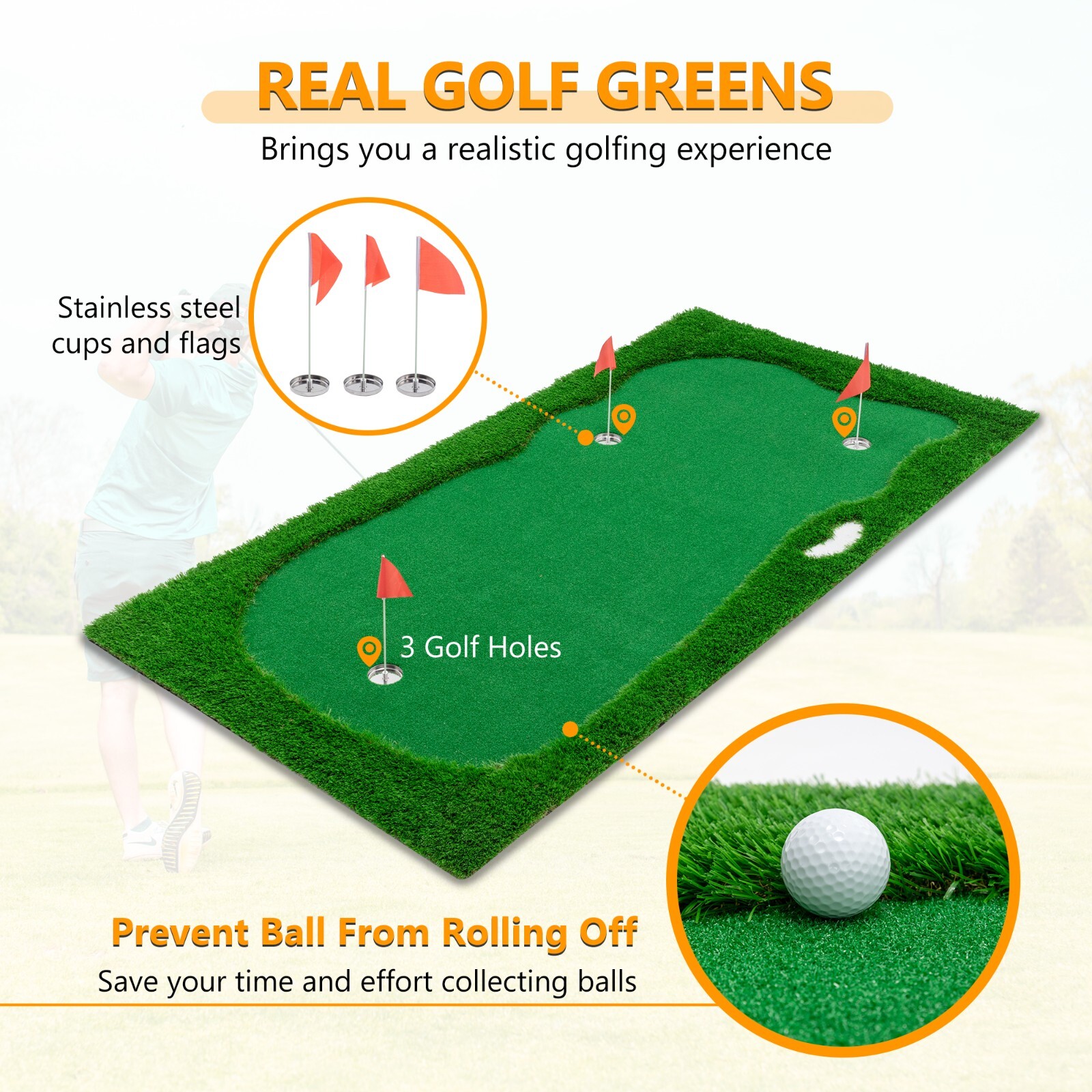 10x5 FT Golf Putting Green Training Mat Turf 3 Holes 3 Flags Cups Indoor Outdoor