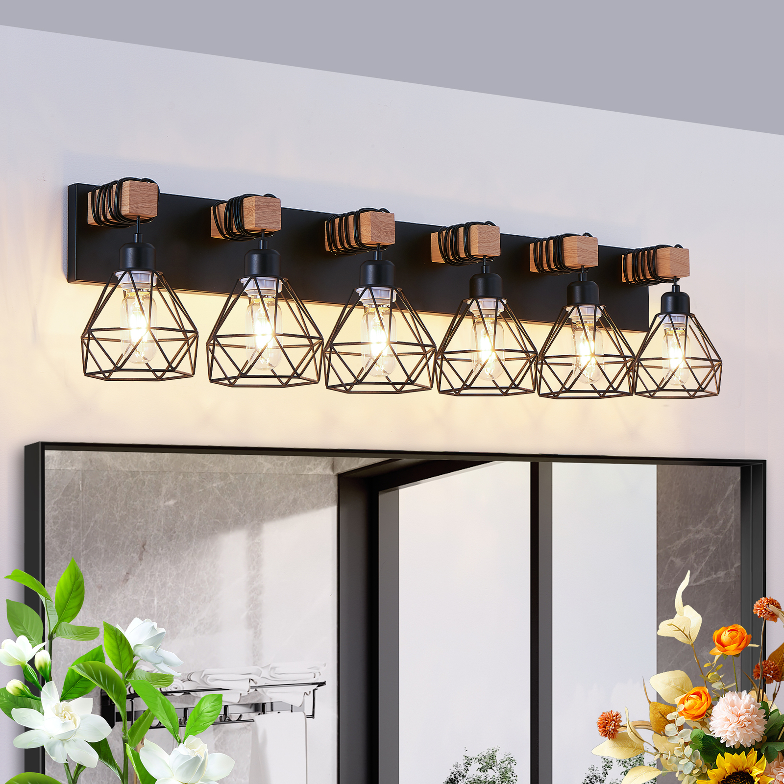 Vanity Light 38" 6 Lights Farmhouse Fixture Black Cage Bathroom Mirror Wall Lamp