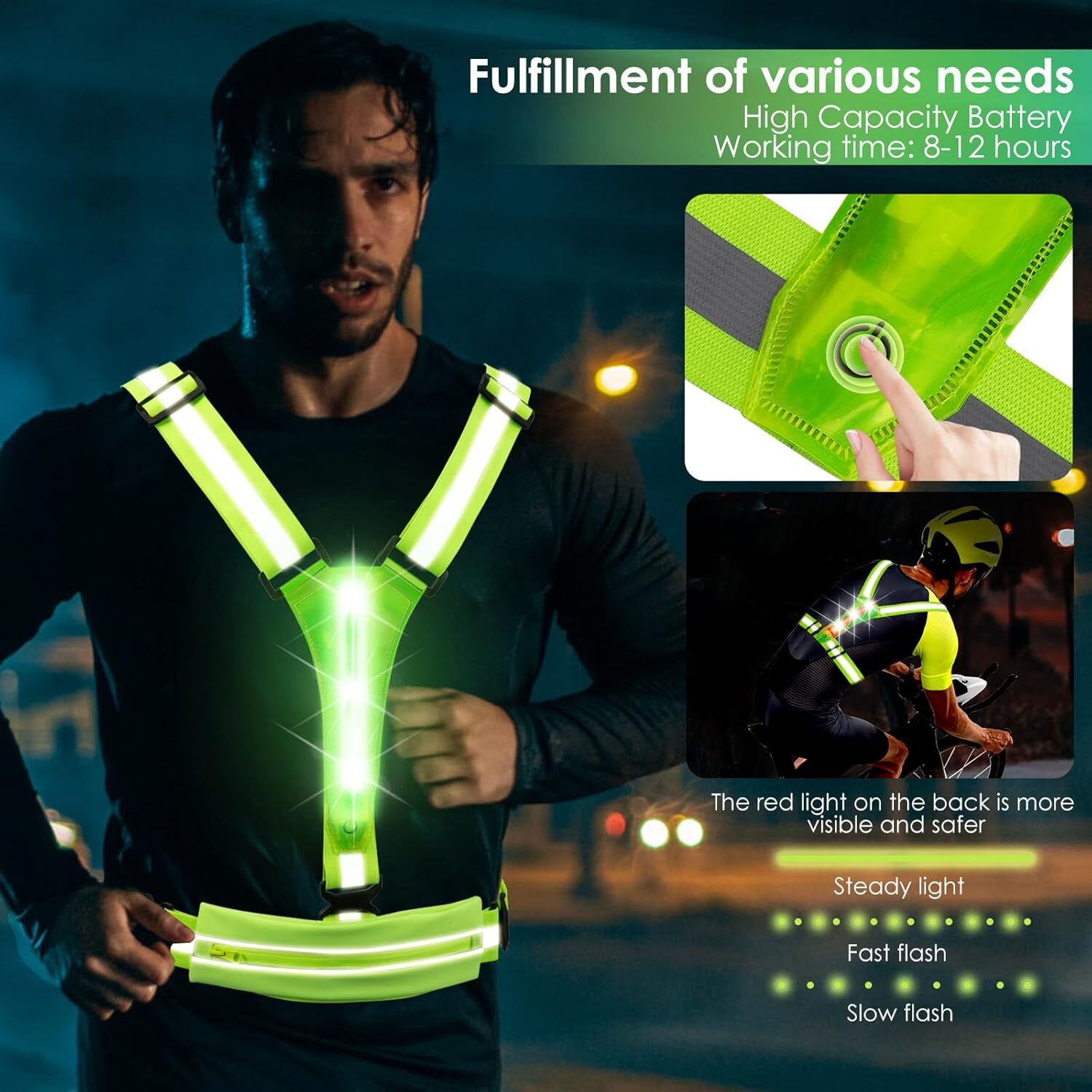 LED Reflective Light Up Safety Running Vest for Biking Walking at Night High