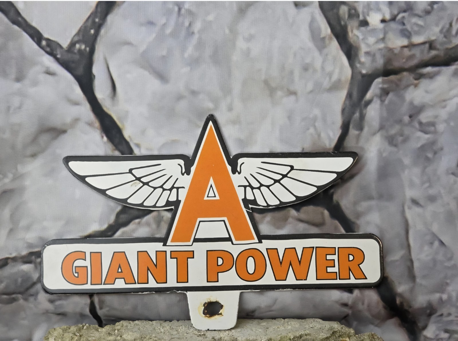 VINTAGE FLYING A GIANT POWER PORCELAIN LICENSE PLATE TOPPER  11"x7".